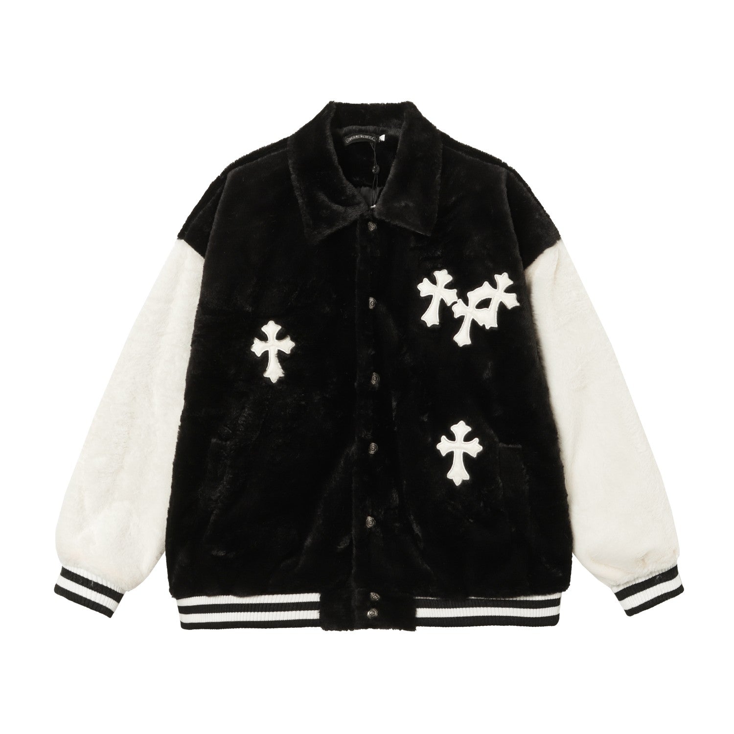 Faux Fur Cross Varsity Jacket - Black White Gothic Streetwear 035